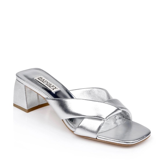 Badgley Mischka NIB Briella II Metallic Crisscross Strap Block Heel Mules - Picture 1 of 9